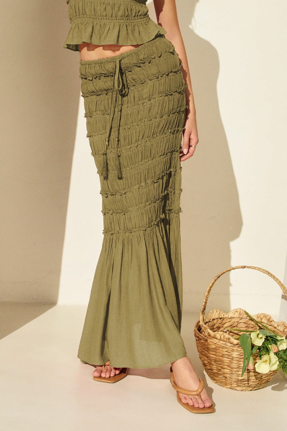 Smocked Pull On Mermaid Skirt Light Olive