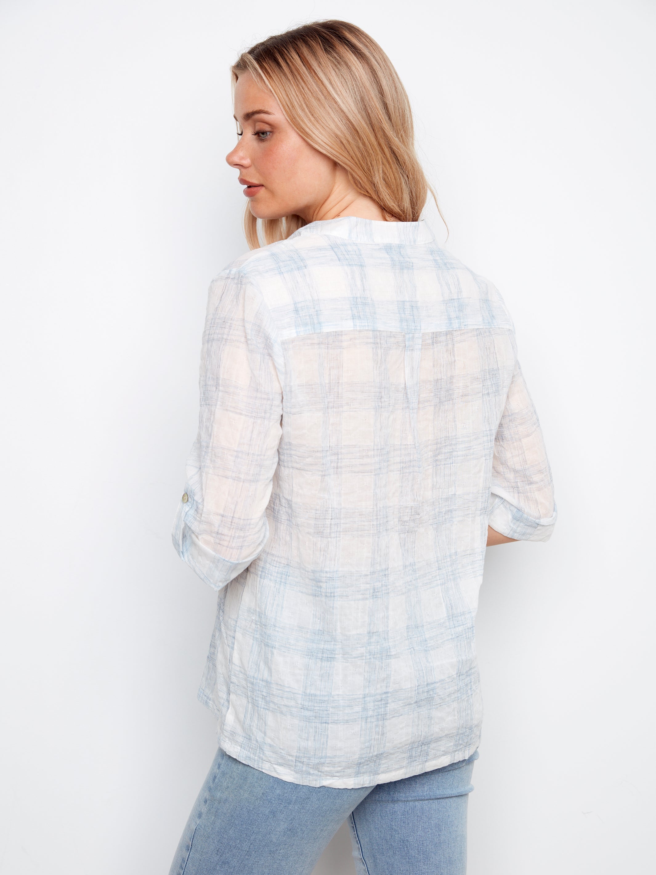 Printed Voile Half Buttoned Vneck Blouse Etched