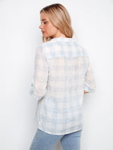Printed Voile Half Buttoned Vneck Blouse Etched
