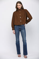 High Stand Collar Gathered Hem Bomber Jacket Dark Brown