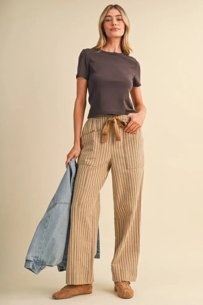 Utility Pocket Stripe Drawstring Crop Pants Warm Sand Stripe