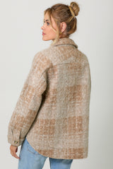 Plaid Boucle Button Down Shirt Jacket Milk Tea