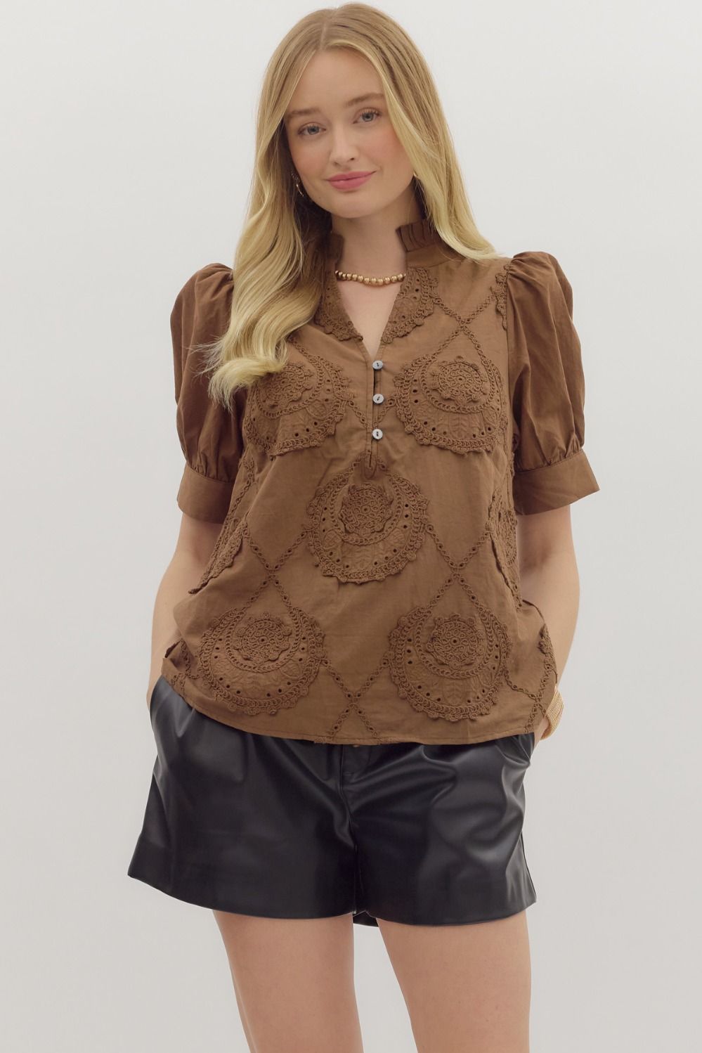 Embroidered Applique Accent Button Neck Top Brown