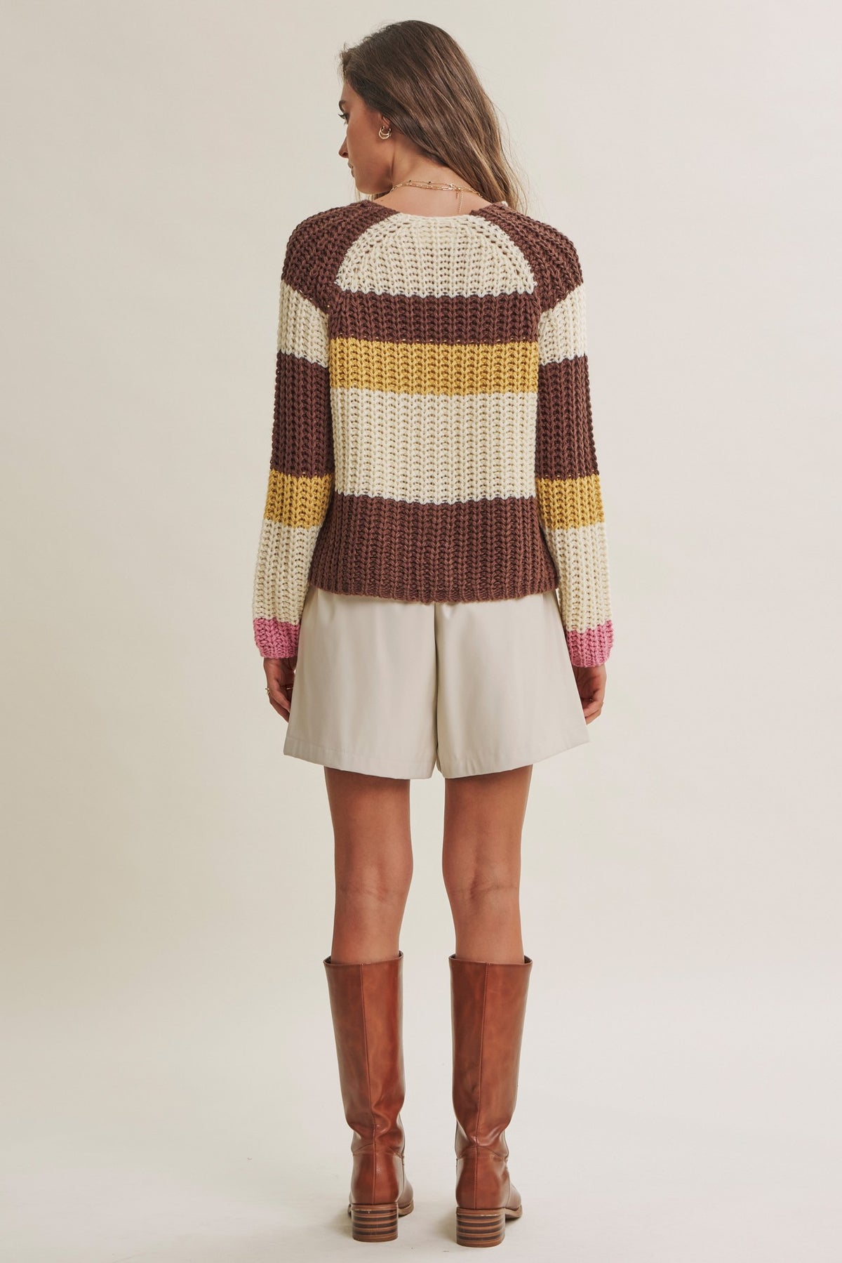 Multi Stripe Chunky Sweater Cardigan Brown Multi
