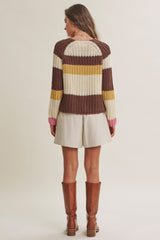 Multi Stripe Chunky Sweater Cardigan Brown Multi
