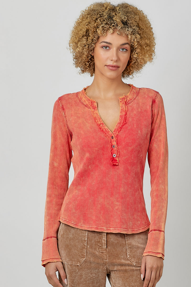 Washed Thermal Henley Top Tomato