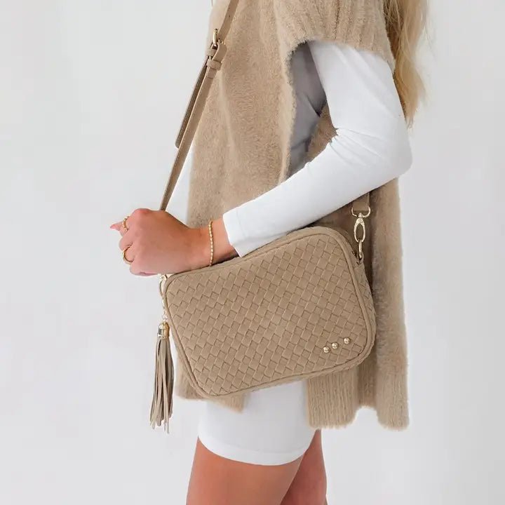 Willow Woven Camera Crossbody Bag Taupe Suede