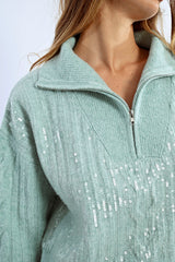 Cable Knit Sleeve Sequin 1/4 Zip Sweater Mint