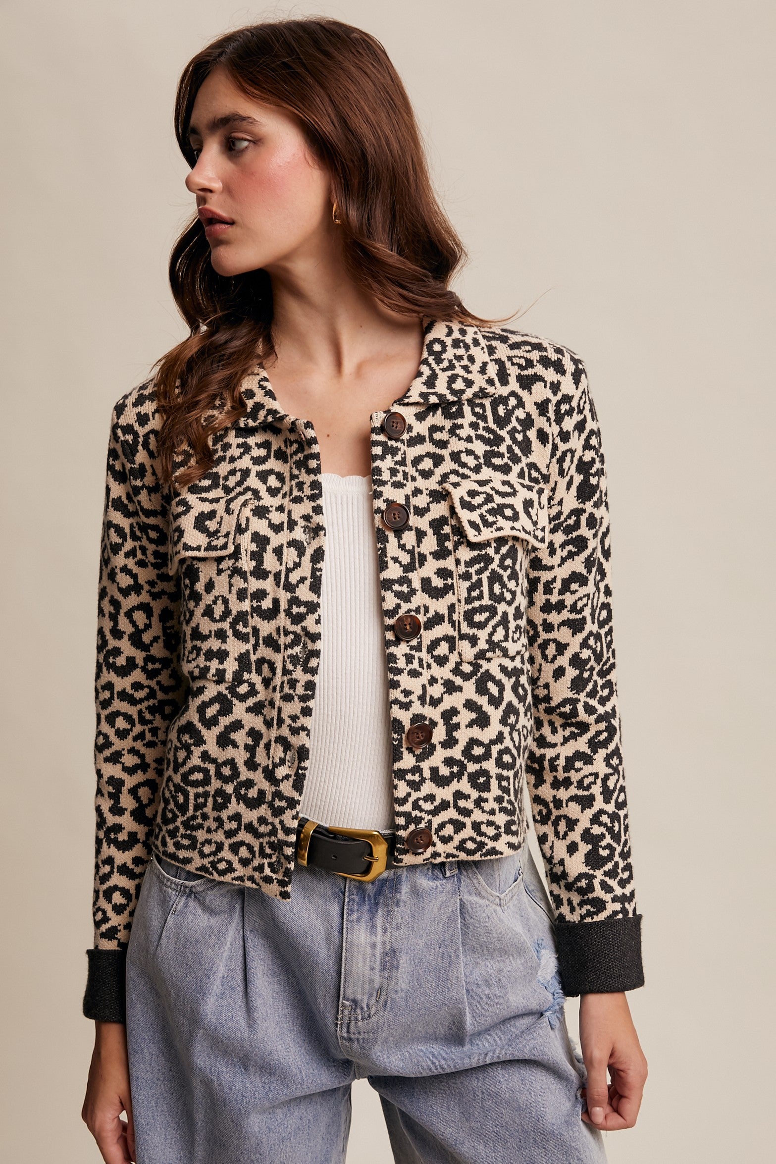 Leopard Knit Button-up Jacket Charcoal