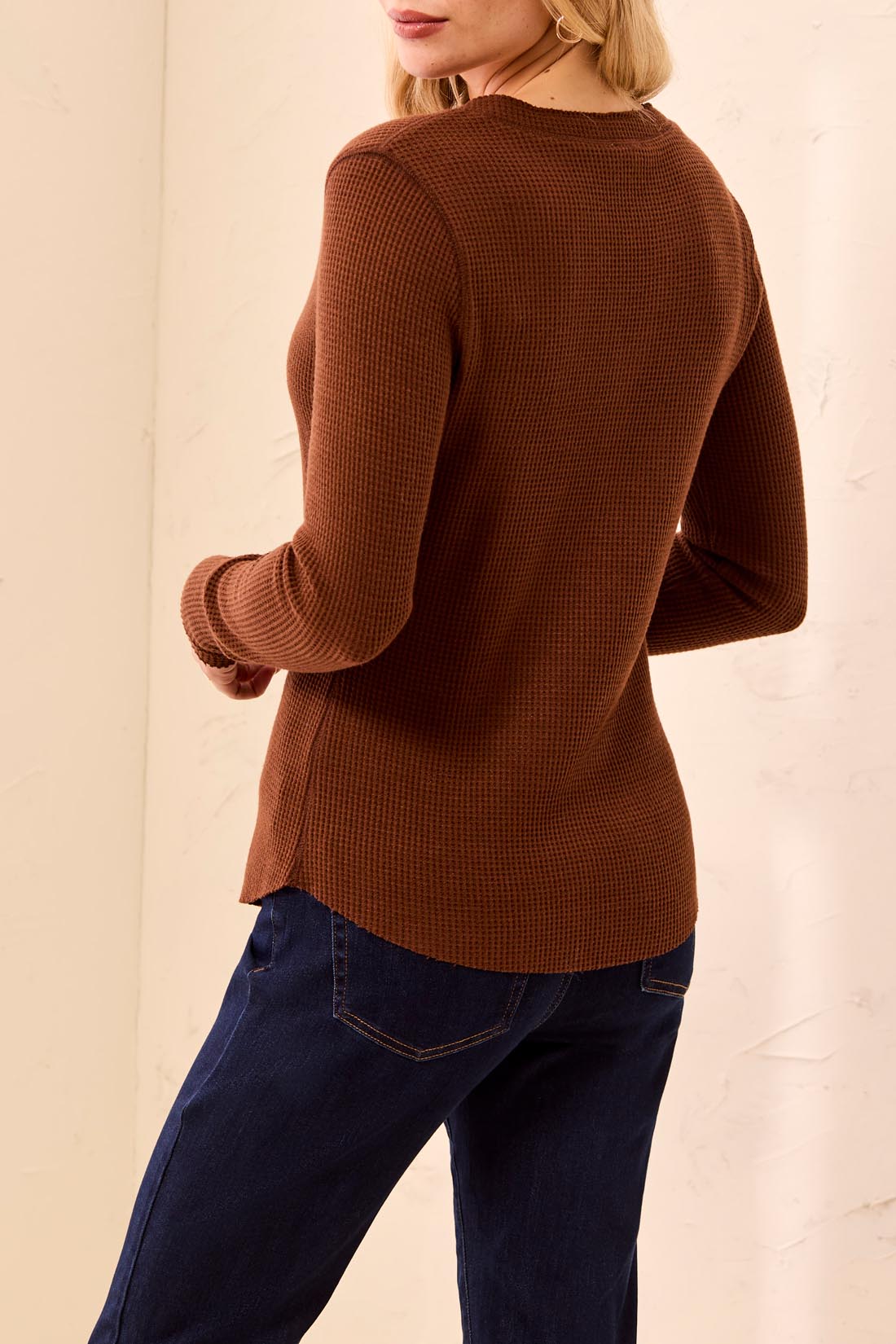 Button Detail Henley Long Sleeve Top Heather Chocolate