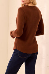 Button Detail Henley Long Sleeve Top Heather Chocolate