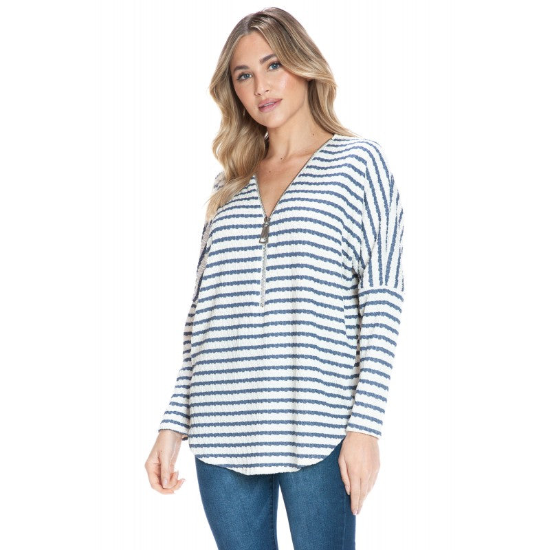 Dolman Zipper Top Denim Textured Stripe