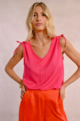 Tie Shoulder Vneck Tank Pink