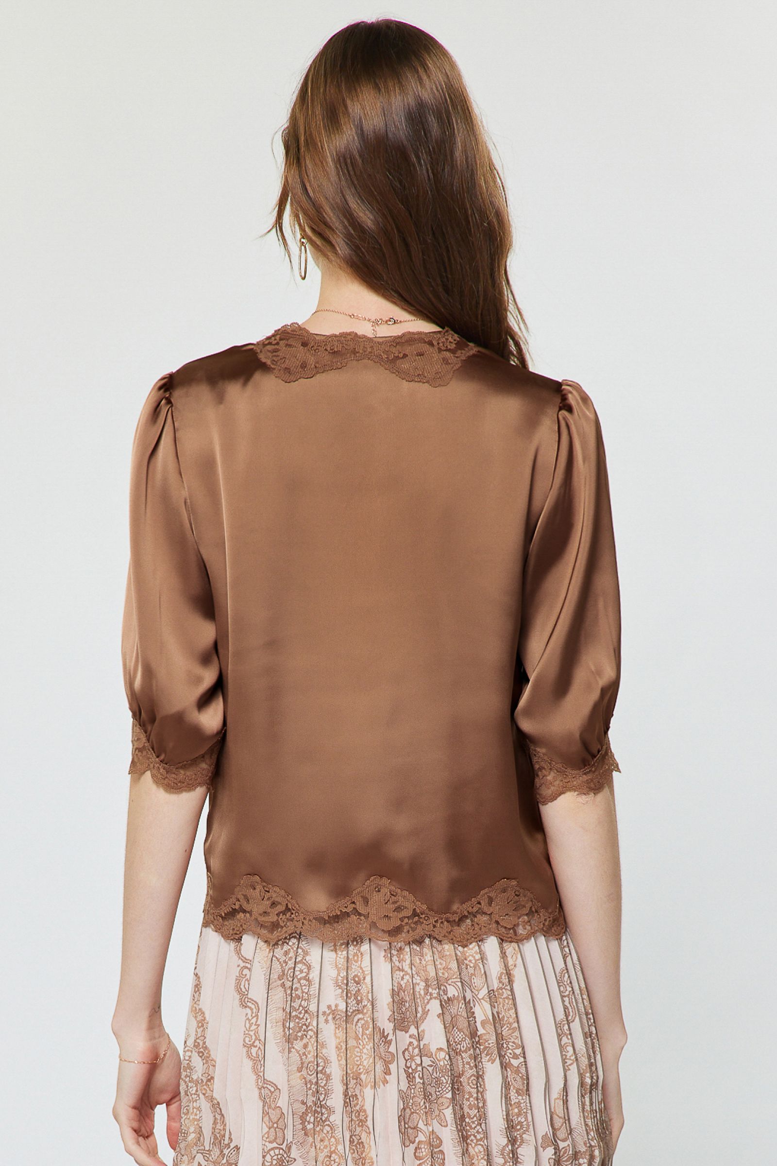 Scalloped Floral Lace Button Closure Blouse Mocha Mousse