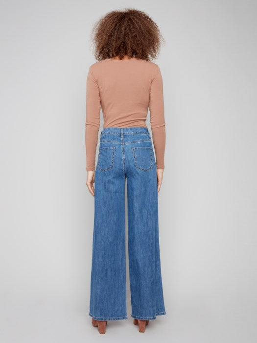 Slash Pocket Wide Leg Stretch Denim Pants Classic Blue