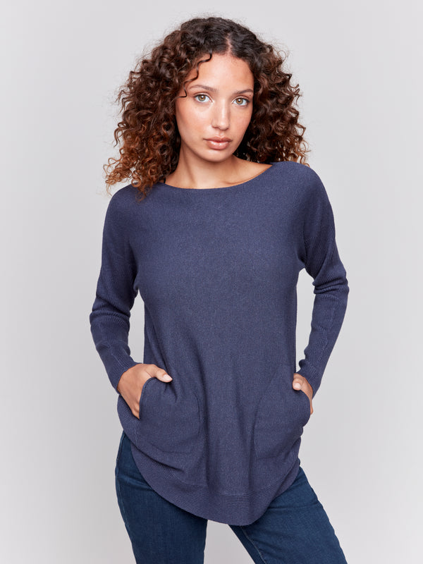 Rounded Hem Plushy Knit Solid Sweater Heather Denim