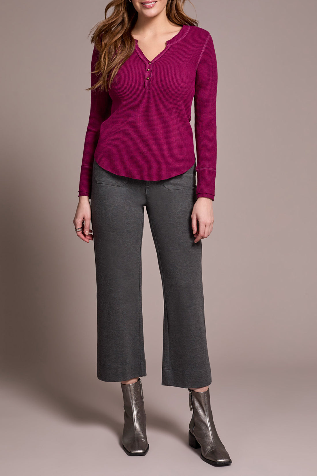 Button Detail Henley Long Sleeve Top Heather Plum Wine