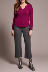 Button Detail Henley Long Sleeve Top Heather Plum Wine
