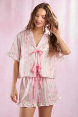 Stripe Floral Satin PJ Set Pink + White