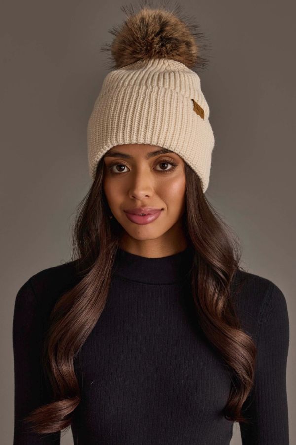 Solid Ribbed Knit Pom Hat Beige