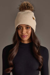 Solid Ribbed Knit Pom Hat Beige