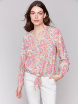 Printed Front Tie Long Sleeve Blouse Paisley