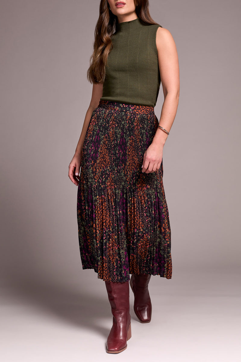 Printed Plisse Maxi Skirt Plum Wine