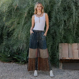 Boho Tiered Patch Denim Pants Vintage