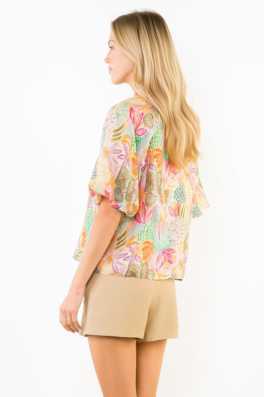 Watercolor Tropics Puff Sleeve Top Pink