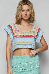Stripe Crochet Ethnic Pattern Cropped Sweater Top Sky Blue Multi