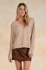 Frayed Sleeve Detail Split Hem Sweater Stone