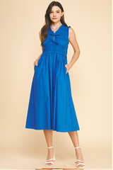 Front Ribbon Tie Smocked Top Midi Dress Summer Blue