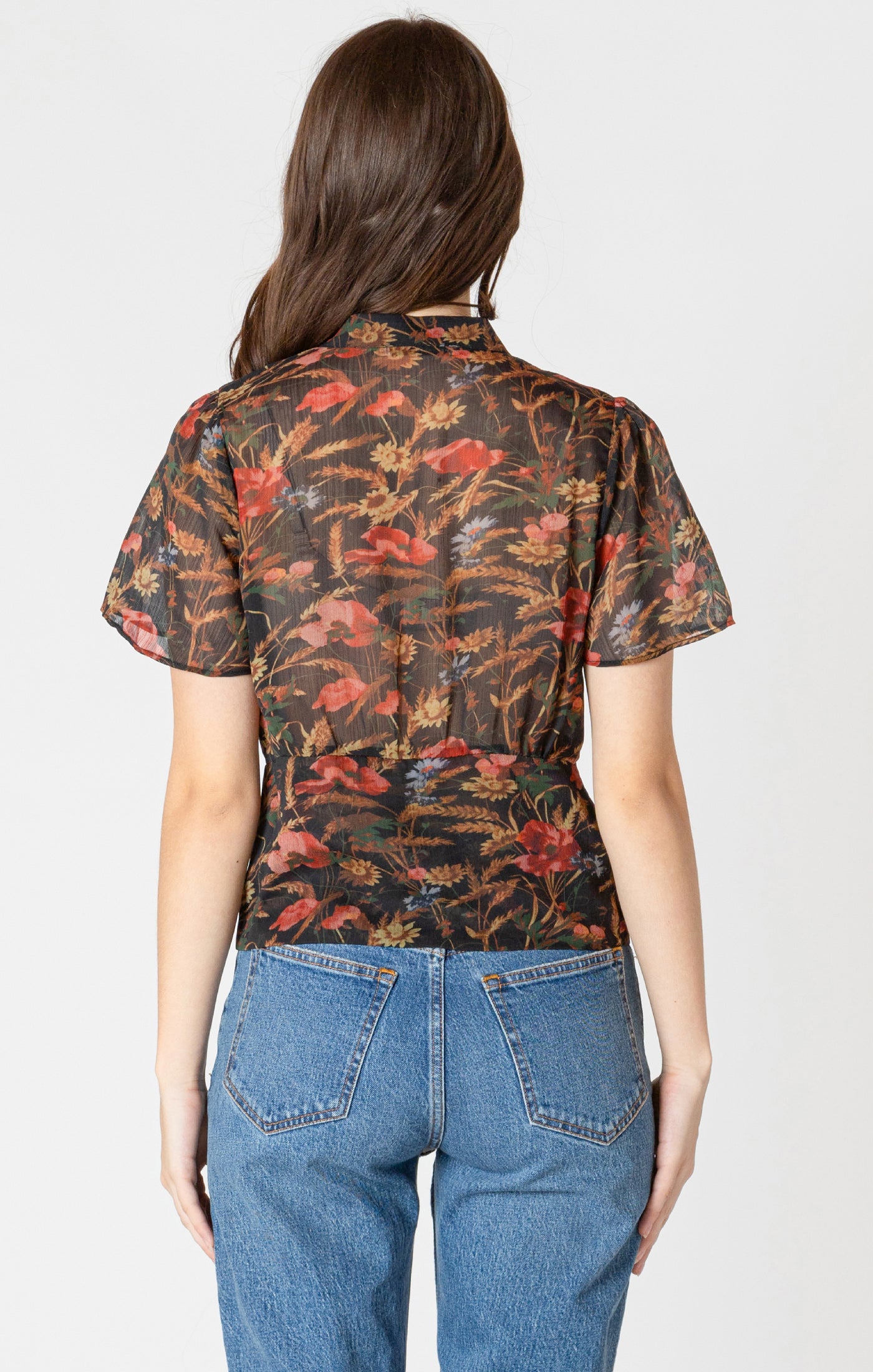 Button Front Sheer Printed Tie Neck Blouse Autumn Bloom