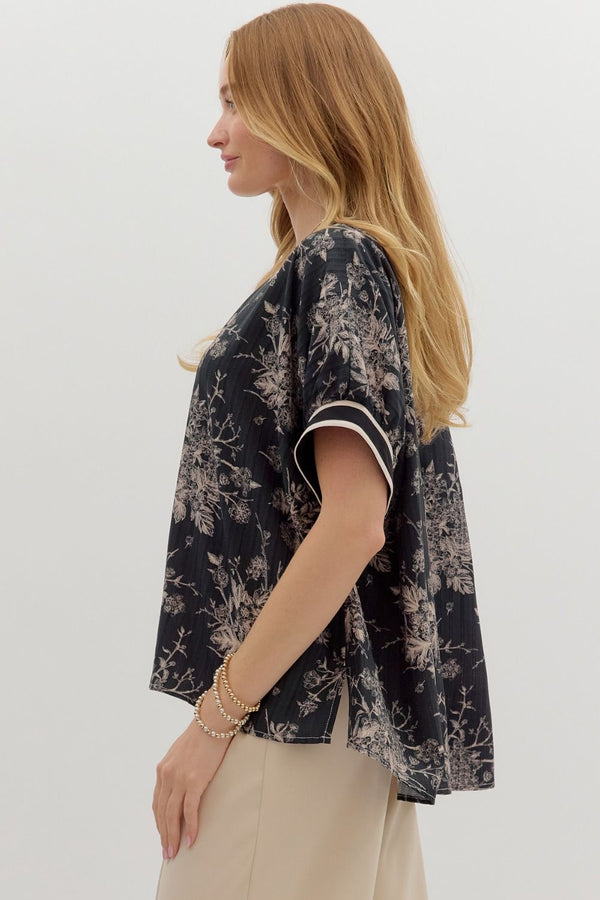 Floral Print Pullover Multicolor Band Dolman Top Black