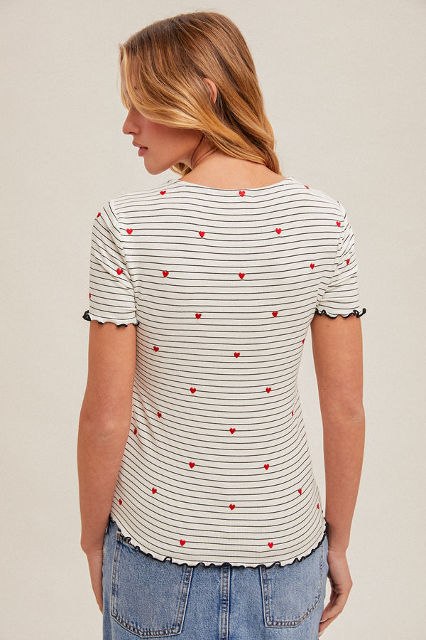 Heart Embroidered Stripe Lettuce Edging Tee White