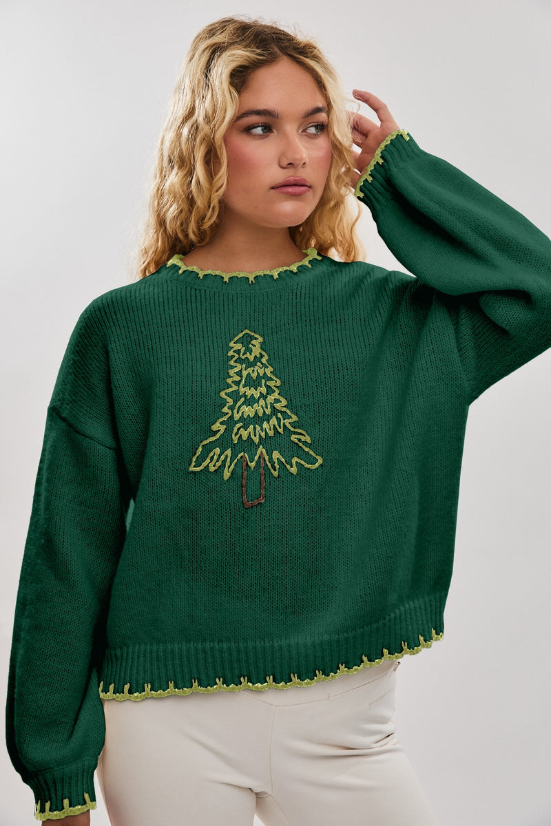 'Christmas Tree' Stitching Oversized Sweater Green+Light Green