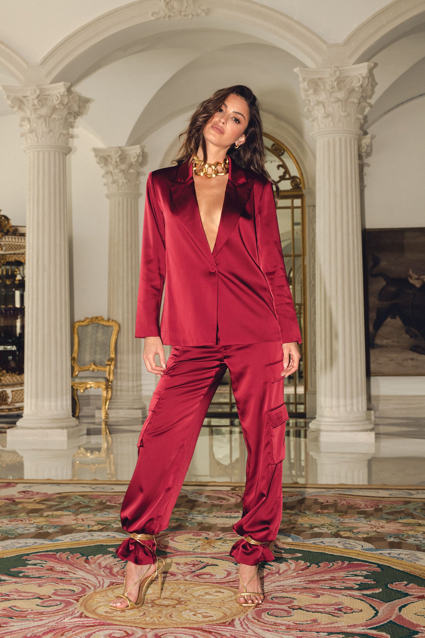 Satin Single Button Blazer Maroon