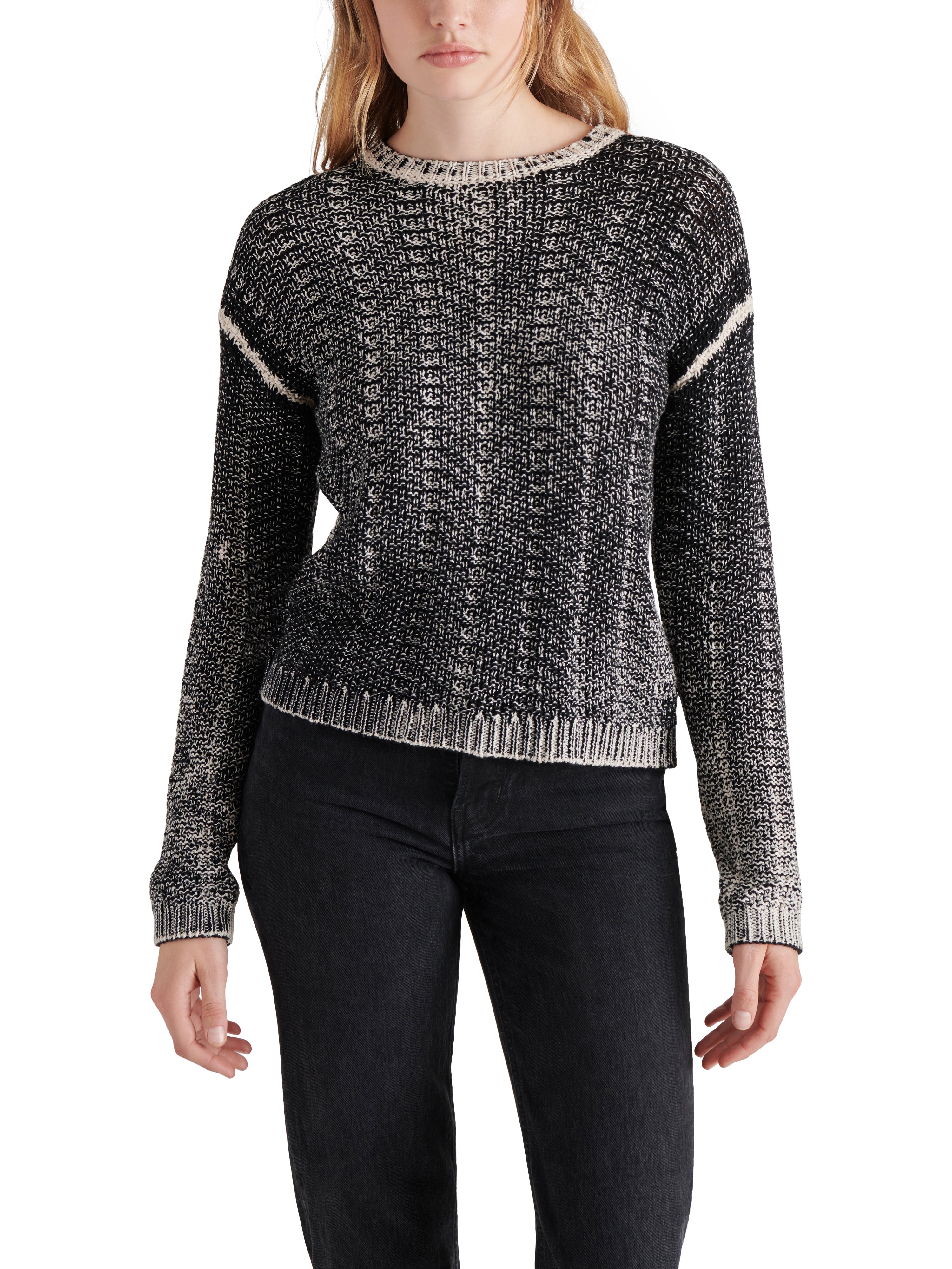 Renzo Two Tone Crew Neck Cable Sweater Black