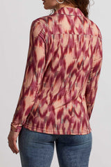 Rib Knit Printed Button Down Top Red Plum