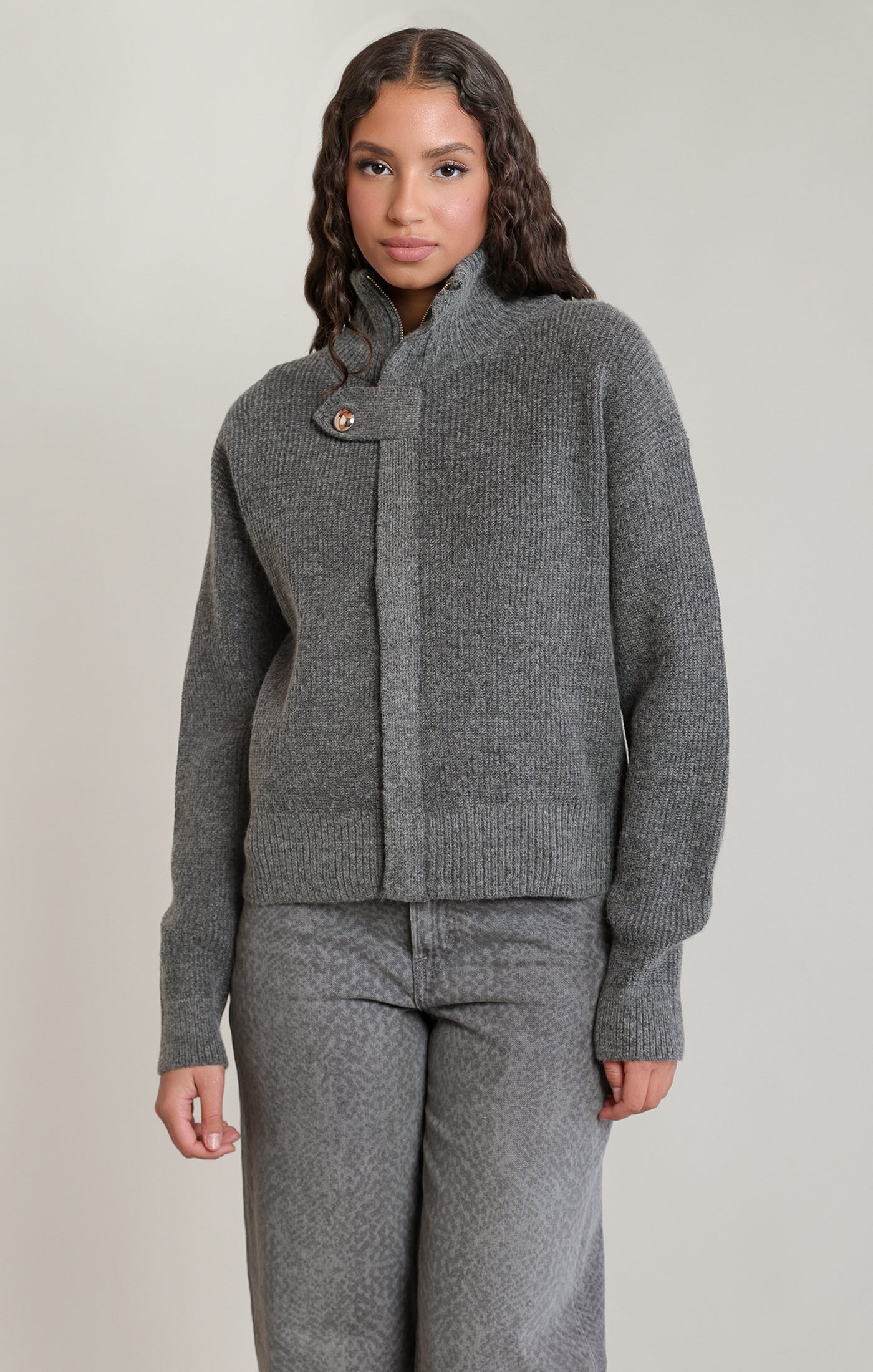 Zip Up Bomber Sweater Dark Grey Melange