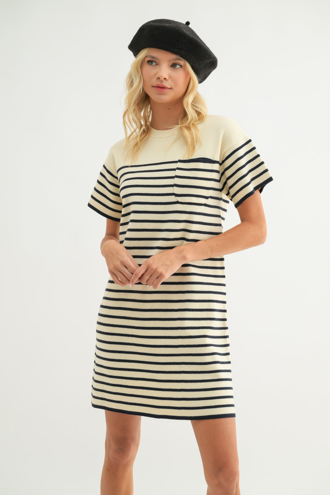 Striped Tshirt Sweater Dress Cream + Black