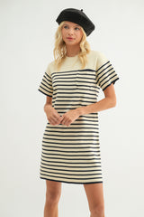 Striped Tshirt Sweater Dress Cream + Black