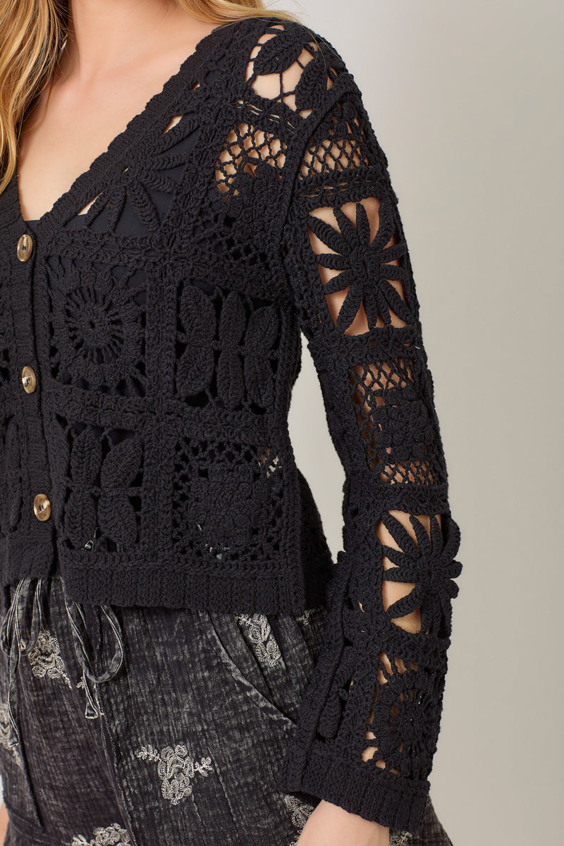 Crochet Button Up Jacket Black