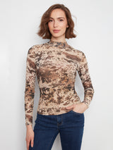 Printed Mesh Mock Neck Long Sleeve Top Country
