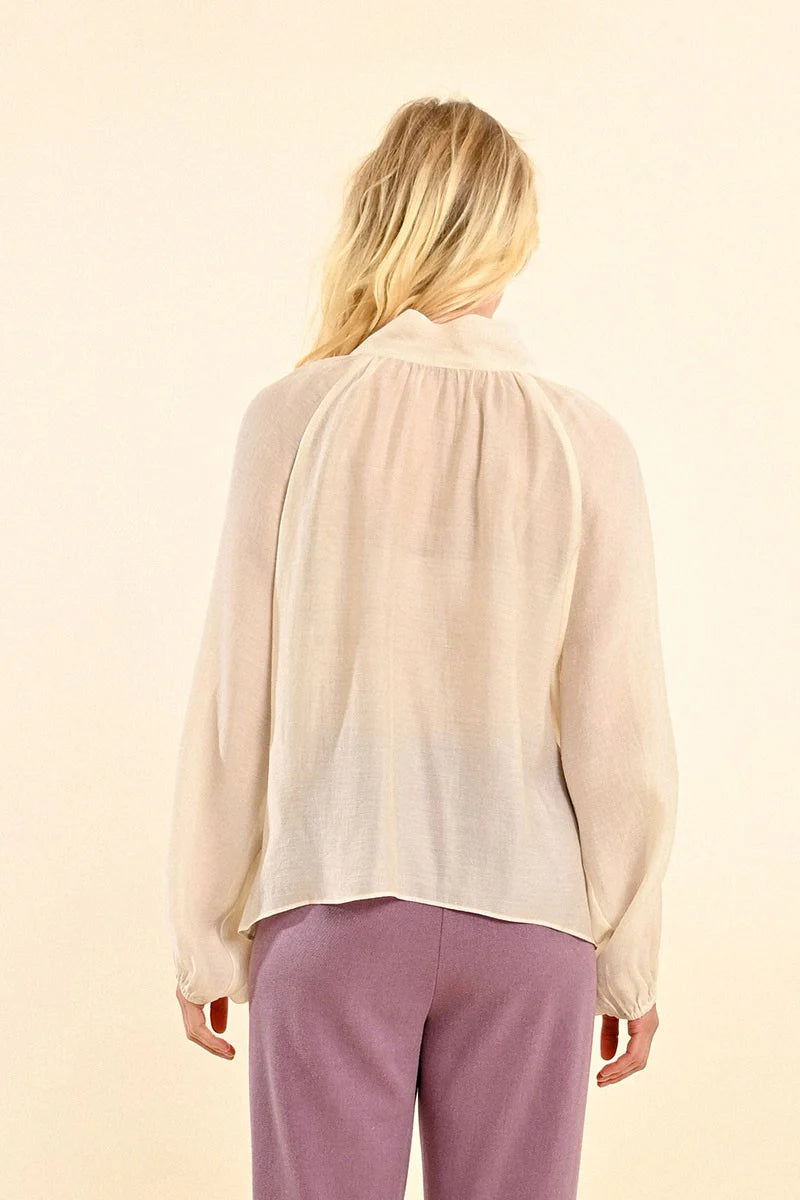 Bishop Sleeve High Neck Bow Back Blouse Off White