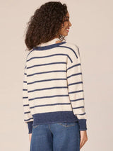 Vneck Novelty Stitch Stripe Twofer Sweater Navy + Ecru