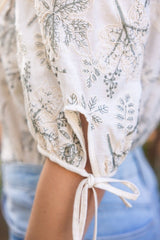 Fern Floral Embroidered Pintuck Tied Sleeve Top Olive
