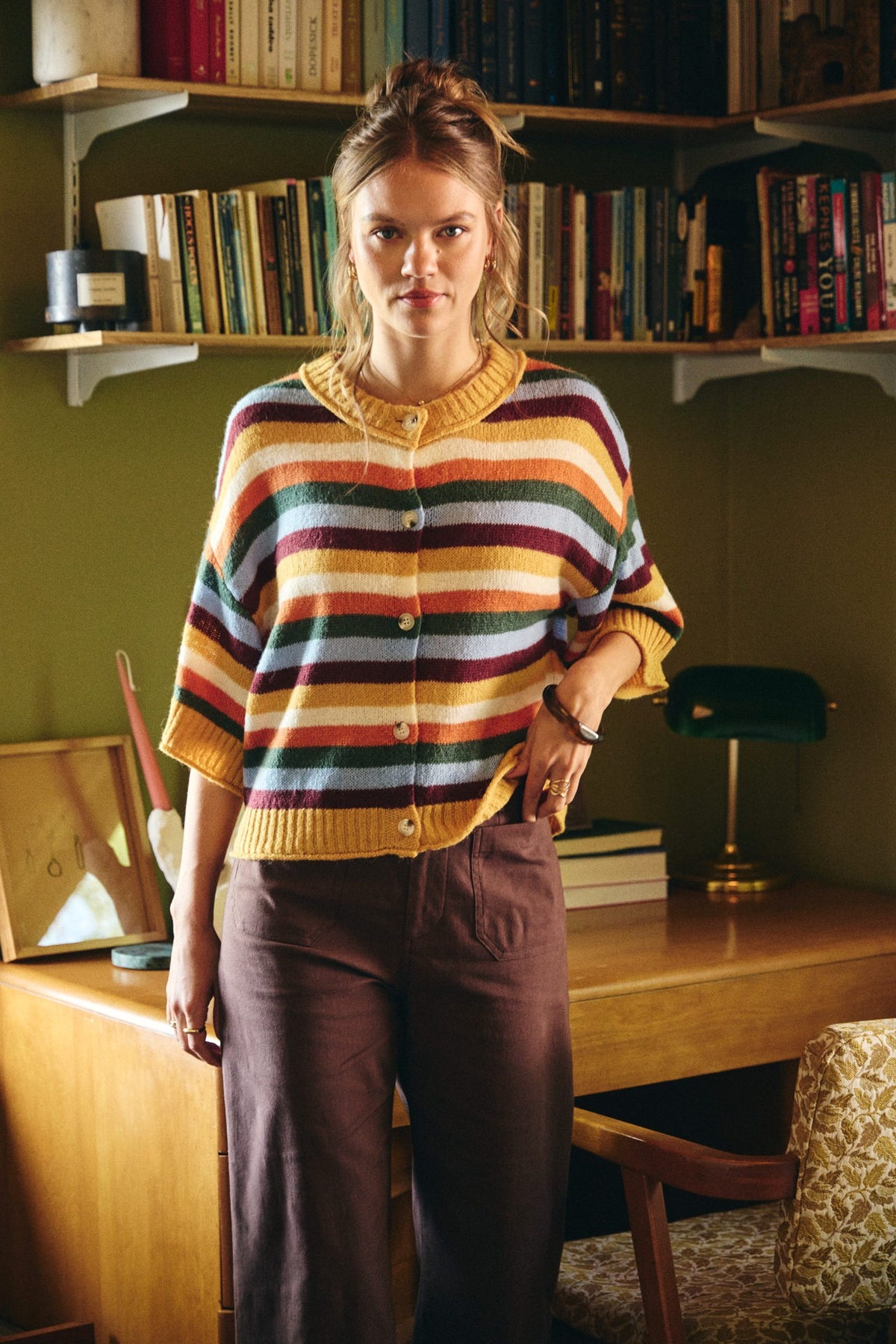 Maple Street Multi Stripe Half Sleeve Cardigan Mustard Multi