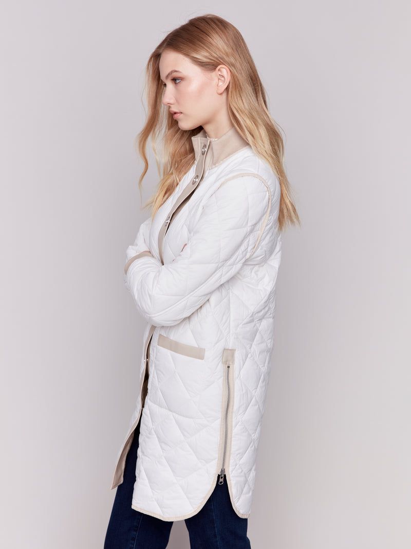 Leather Trim Reversible Quilted Puffer Jacket Champagne
