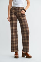 High Rise Full Length Straight Denim Pants Brown Plaid